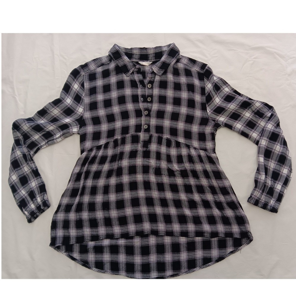 Aeropostale Women's Black White Plaid Babydoll Henley Blouse Rayon Size M Medium